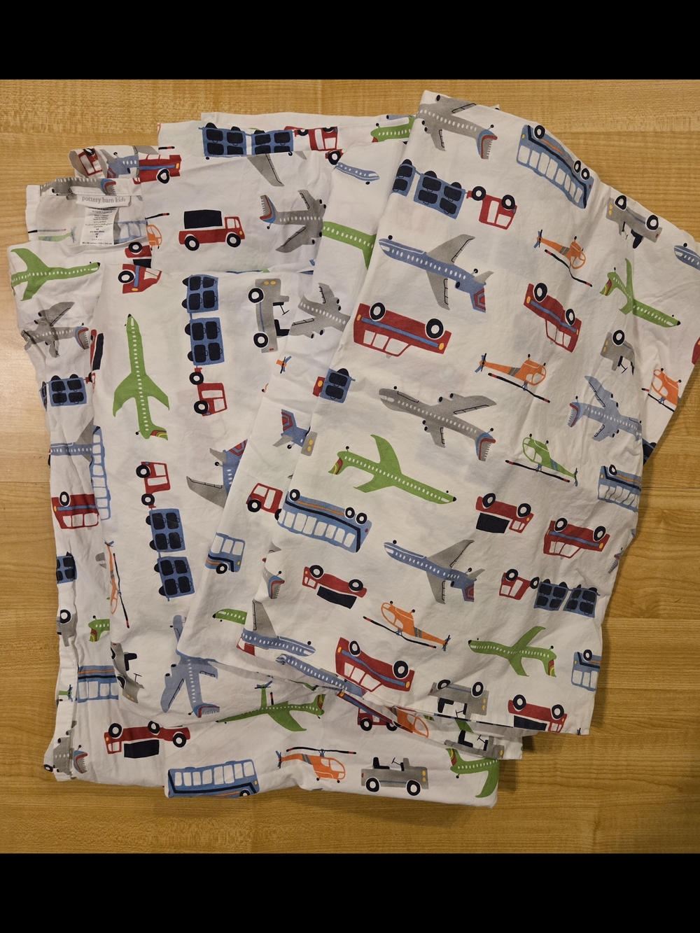 Pottery Barn Kids Brody White Sheet Set with Multicolor Vehicles